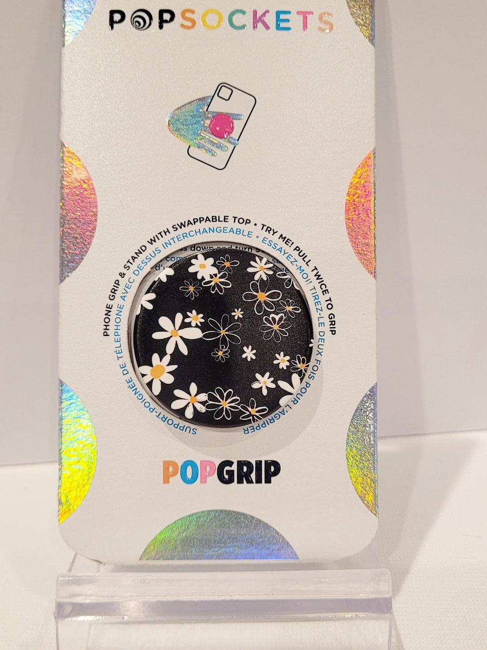 PopSocket PopGrip Black with White and Yellow Daisy Pattern - Picture 5 of 9